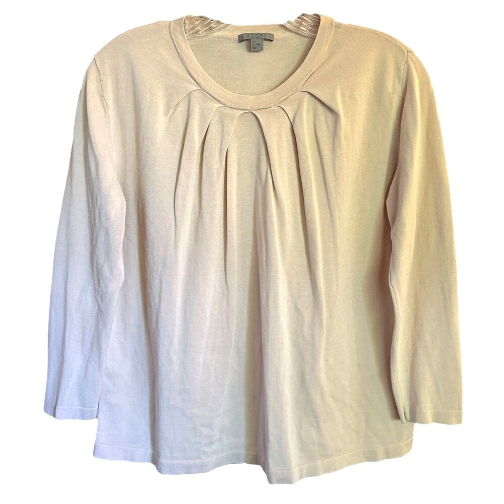 COS Women's Pleated Neck Knit Blouse Top Size S Beige